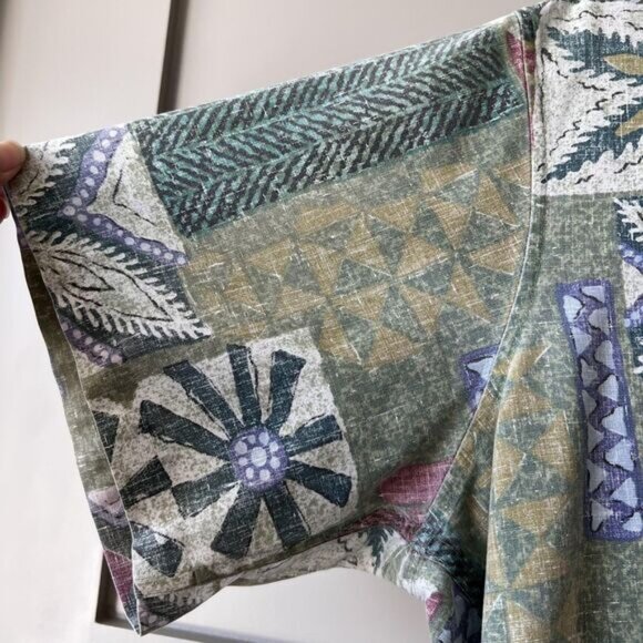 Vintage Reyn Spooner Shirt Mens Large Green Hawaiian Aloha Floral Geometric 90s - Picture 5 of 10